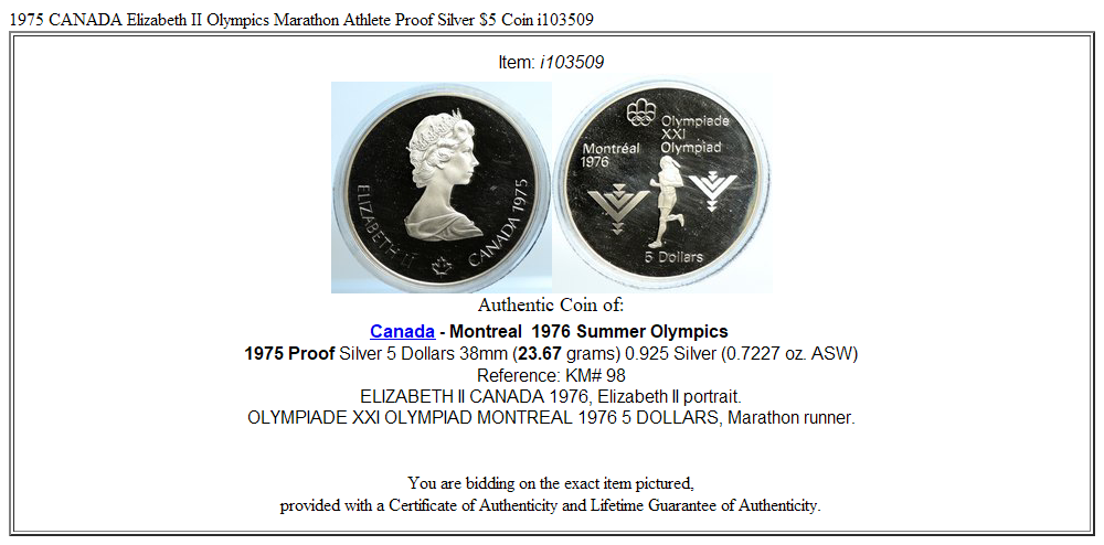 1975 CANADA Elizabeth II Olympics Marathon Athlete Proof Silver $5 Coin i103509