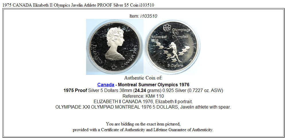 1975 CANADA Elizabeth II Olympics Javelin Athlete PROOF Silver $5 Coin i103510