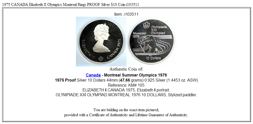 1975 CANADA Elizabeth II Olympics Montreal Rings PROOF Silver $10 Coin i103511