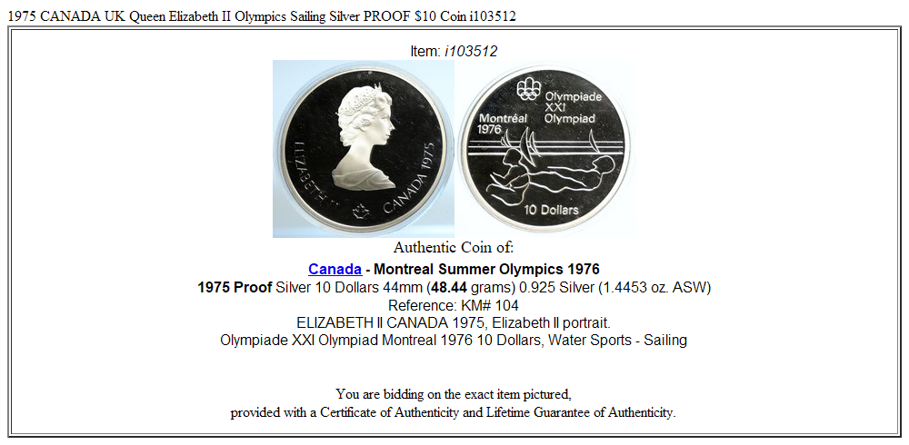 1975 CANADA UK Queen Elizabeth II Olympics Sailing Silver PROOF $10 Coin i103512