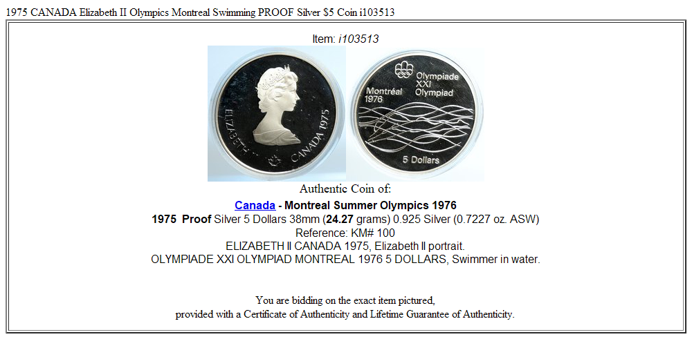 1975 CANADA Elizabeth II Olympics Montreal Swimming PROOF Silver $5 Coin i103513