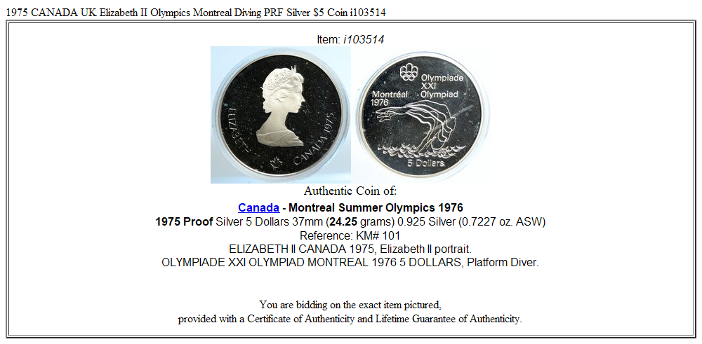 1975 CANADA UK Elizabeth II Olympics Montreal Diving PRF Silver $5 Coin i103514