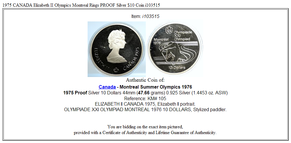 1975 CANADA Elizabeth II Olympics Montreal Rings PROOF Silver $10 Coin i103515