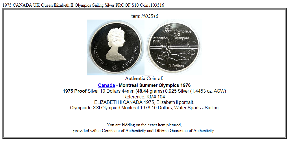 1975 CANADA UK Queen Elizabeth II Olympics Sailing Silver PROOF $10 Coin i103516