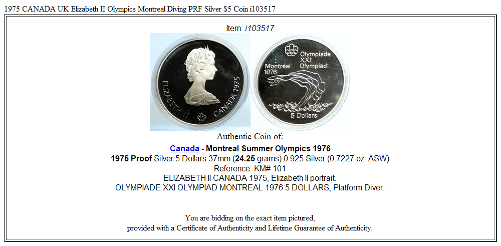 1975 CANADA UK Elizabeth II Olympics Montreal Diving PRF Silver $5 Coin i103517