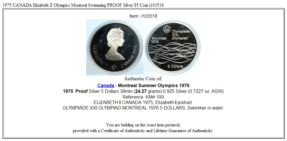 1975 CANADA Elizabeth II Olympics Montreal Swimming PROOF Silver $5 Coin i103518