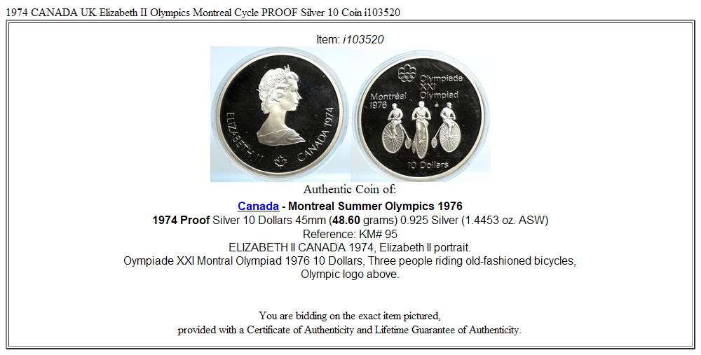 1974 CANADA UK Elizabeth II Olympics Montreal Cycle PROOF Silver 10 Coin i103520