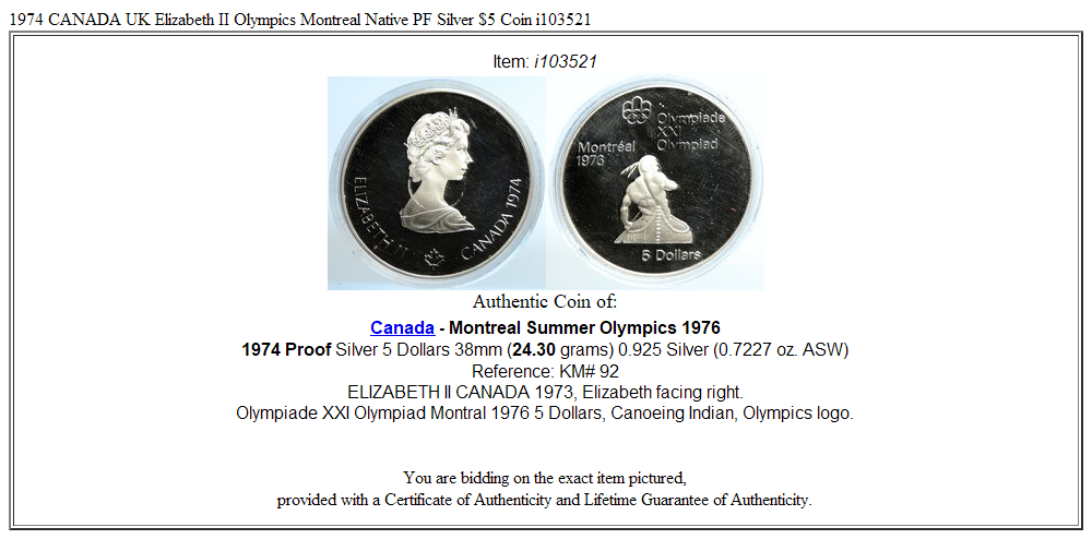 1974 CANADA UK Elizabeth II Olympics Montreal Native PF Silver $5 Coin i103521