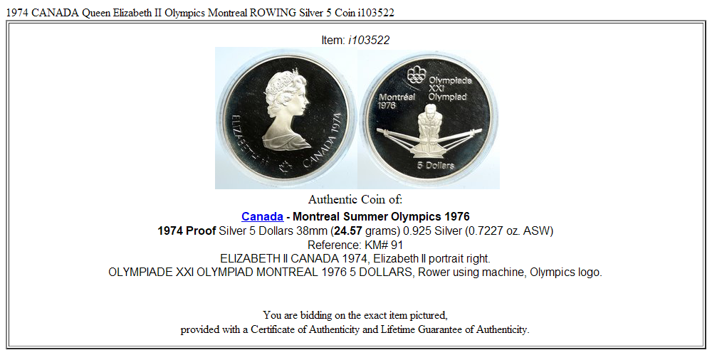 1974 CANADA Queen Elizabeth II Olympics Montreal ROWING Silver 5 Coin i103522