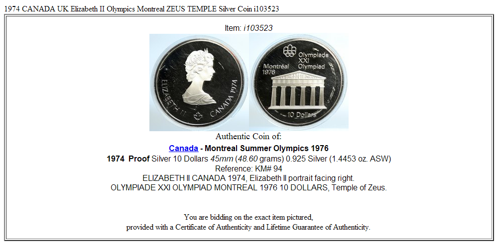 1974 CANADA UK Elizabeth II Olympics Montreal ZEUS TEMPLE Silver Coin i103523