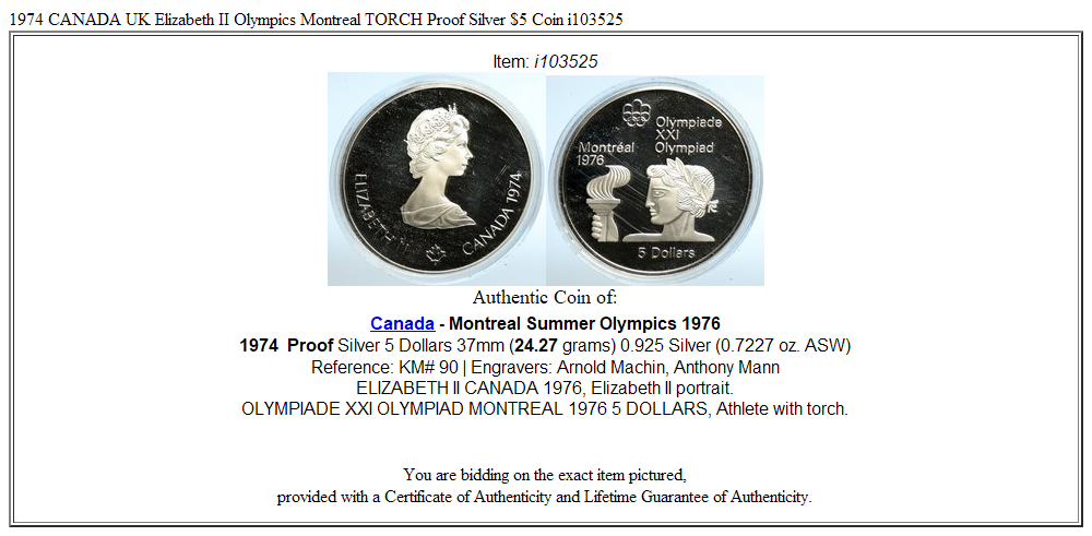 1974 CANADA UK Elizabeth II Olympics Montreal TORCH Proof Silver $5 Coin i103525