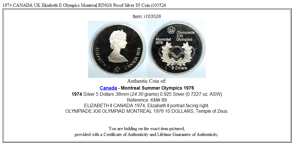 1974 CANADA UK Elizabeth II Olympics Montreal RINGS Proof Silver $5 Coin i103526