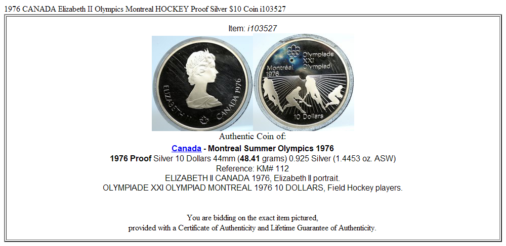 1976 CANADA Elizabeth II Olympics Montreal HOCKEY Proof Silver $10 Coin i103527