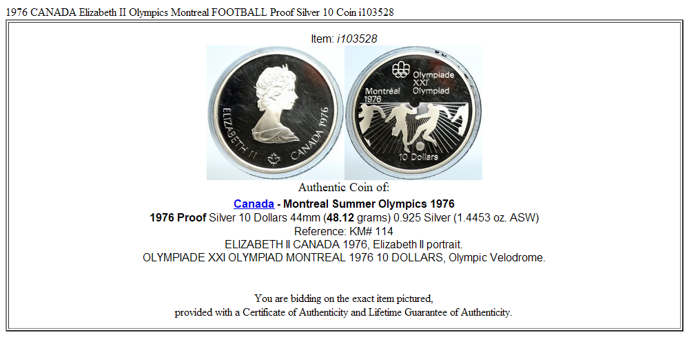 1976 CANADA Elizabeth II Olympics Montreal FOOTBALL Proof Silver 10 Coin i103528