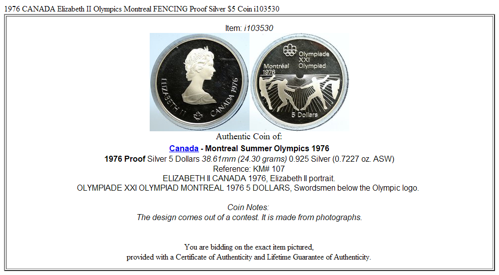 1976 CANADA Elizabeth II Olympics Montreal FENCING Proof Silver $5 Coin i103530