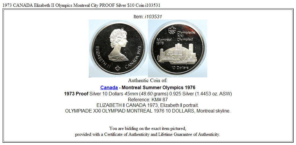 1973 CANADA Elizabeth II Olympics Montreal City PROOF Silver $10 Coin i103531