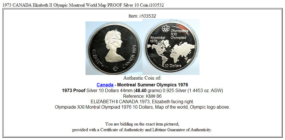 1973 CANADA Elizabeth II Olympic Montreal World Map PROOF Silver 10 Coin i103532