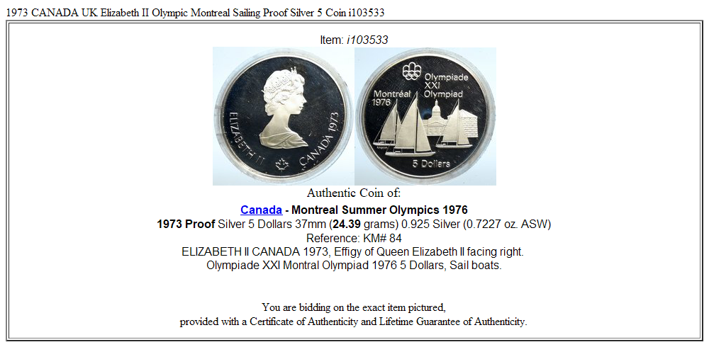 1973 CANADA UK Elizabeth II Olympic Montreal Sailing Proof Silver 5 Coin i103533