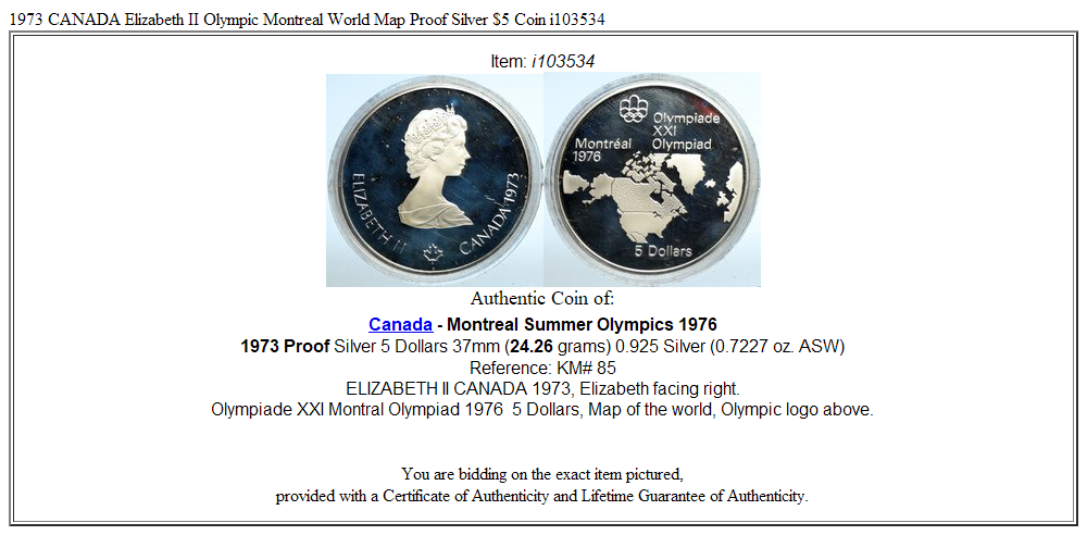 1973 CANADA Elizabeth II Olympic Montreal World Map Proof Silver $5 Coin i103534