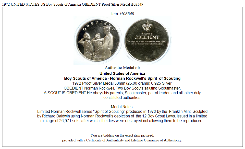 1972 UNITED STATES US Boy Scouts of America OBEDIENT Proof Silver Medal i103549