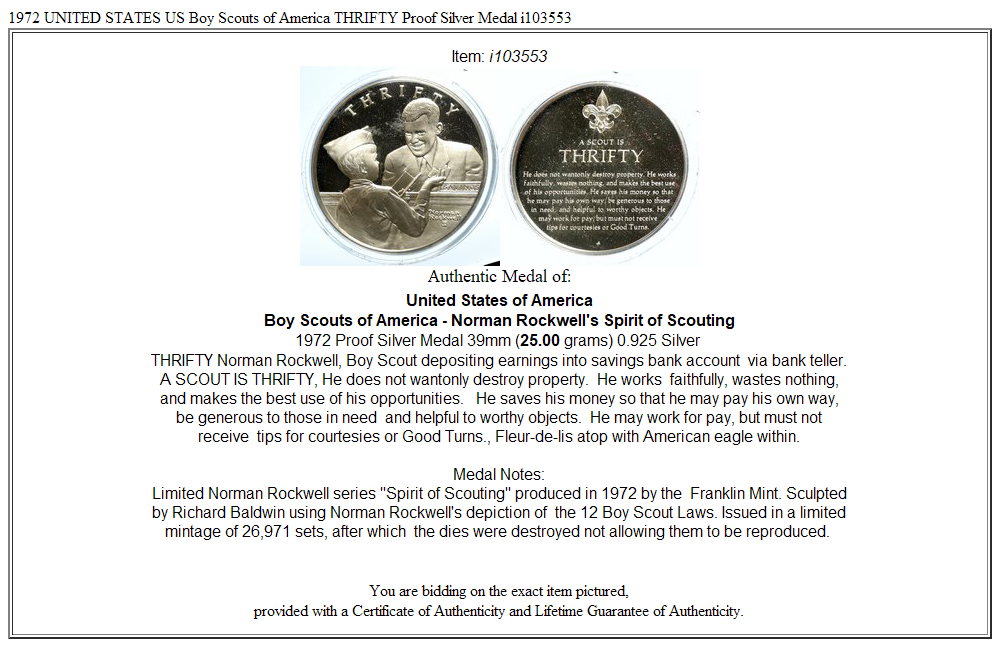 1972 UNITED STATES US Boy Scouts of America THRIFTY Proof Silver Medal i103553