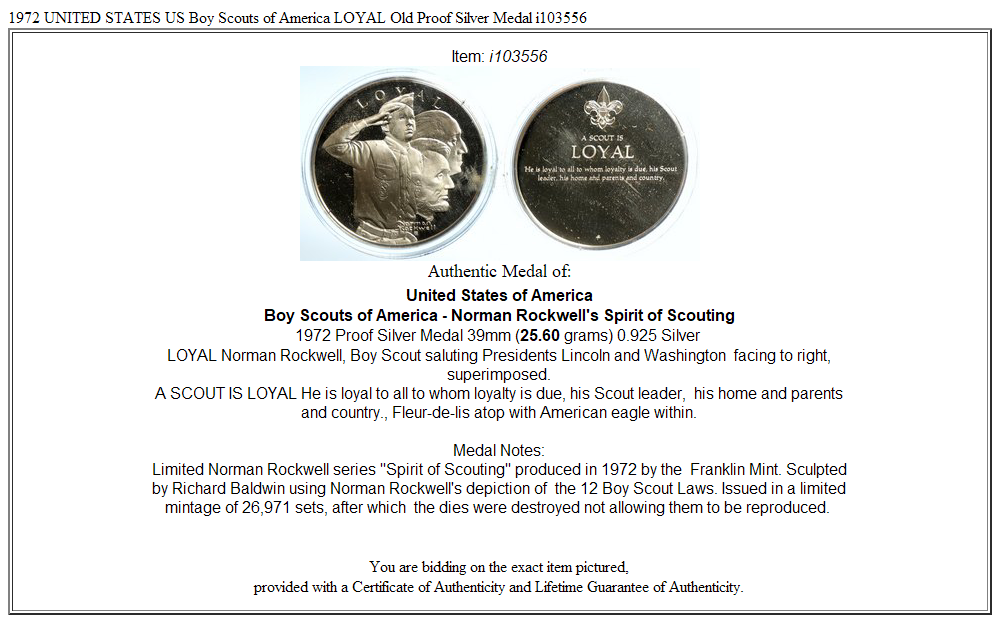 1972 UNITED STATES US Boy Scouts of America LOYAL Old Proof Silver Medal i103556