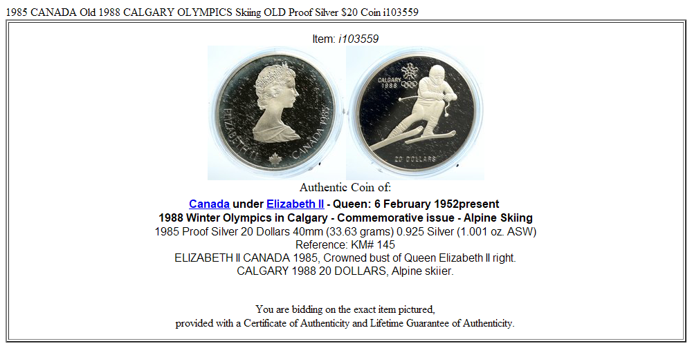 1985 CANADA Old 1988 CALGARY OLYMPICS Skiing OLD Proof Silver $20 Coin i103559