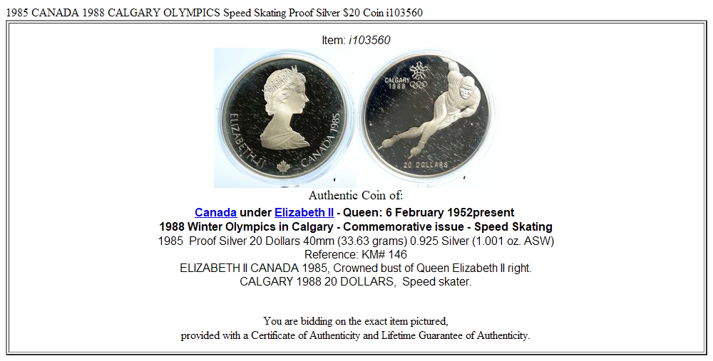 1985 CANADA 1988 CALGARY OLYMPICS Speed Skating Proof Silver $20 Coin i103560