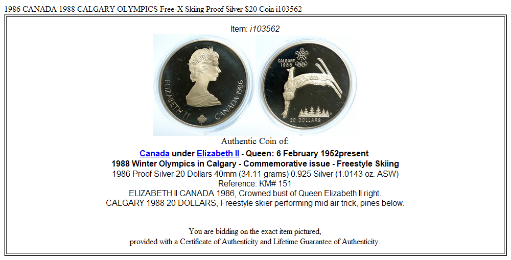 1986 CANADA 1988 CALGARY OLYMPICS Free-X Skiing Proof Silver $20 Coin i103562