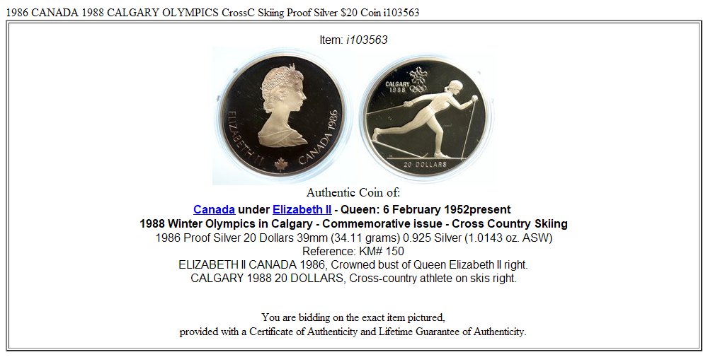 1986 CANADA 1988 CALGARY OLYMPICS CrossC Skiing Proof Silver $20 Coin i103563