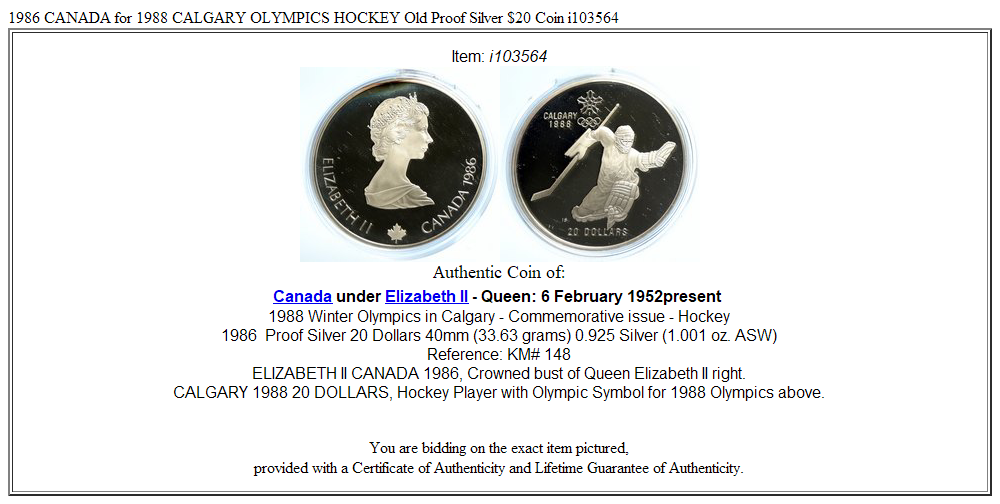 1986 CANADA for 1988 CALGARY OLYMPICS HOCKEY Old Proof Silver $20 Coin i103564