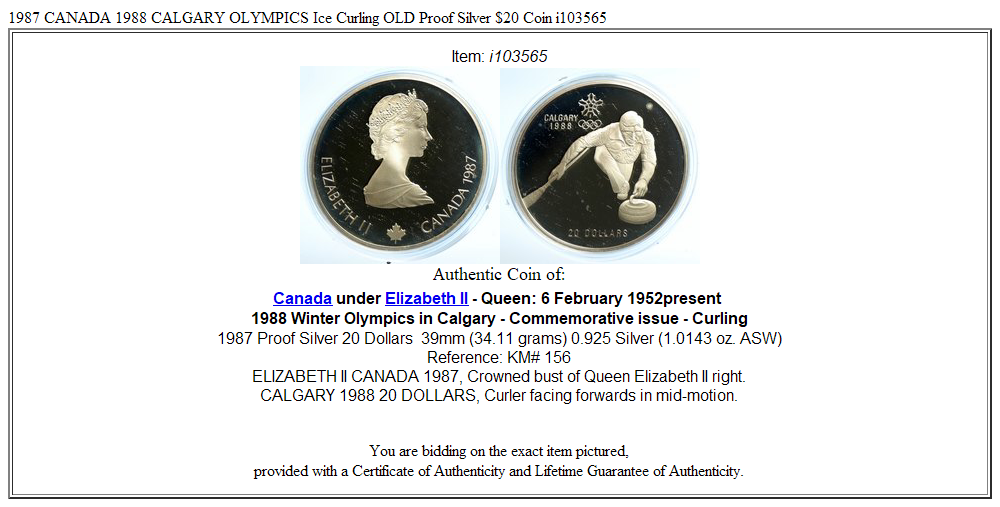 1987 CANADA 1988 CALGARY OLYMPICS Ice Curling OLD Proof Silver $20 Coin i103565