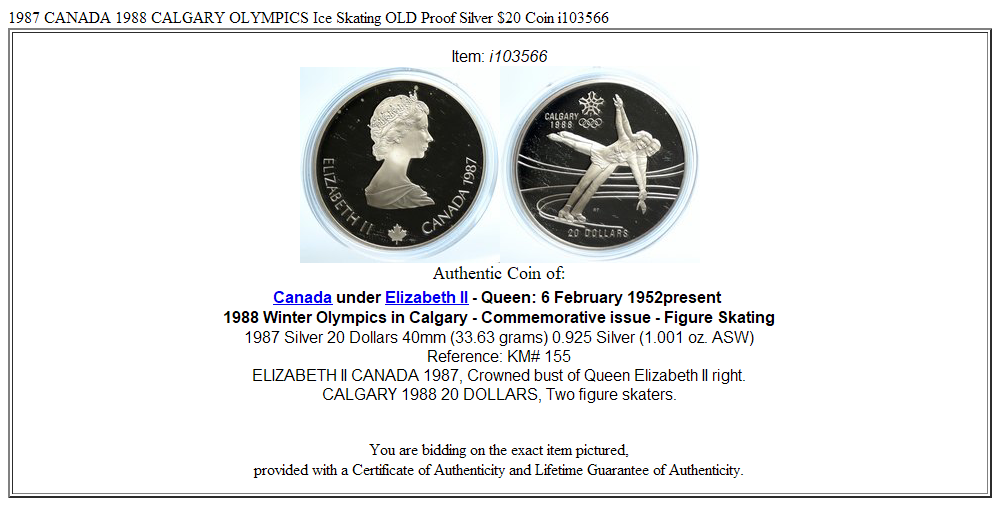 1987 CANADA 1988 CALGARY OLYMPICS Ice Skating OLD Proof Silver $20 Coin i103566