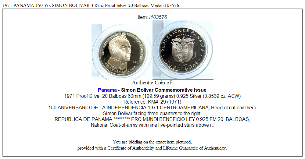 1971 PANAMA 150 Yrs SIMON BOLIVAR 3.85oz Proof Silver 20 Balboas Medal i103576