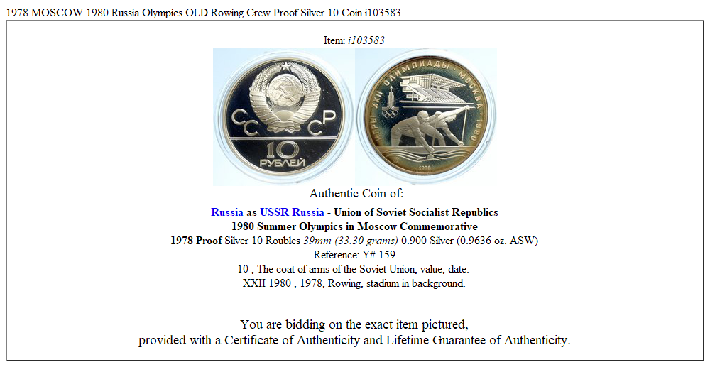 1978 MOSCOW 1980 Russia Olympics OLD Rowing Crew Proof Silver 10 Coin i103583