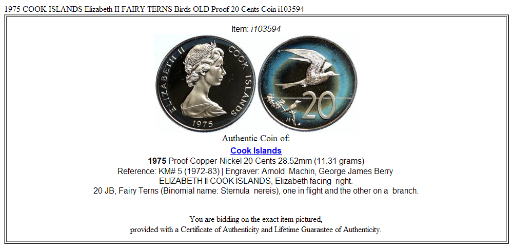 1975 COOK ISLANDS Elizabeth II FAIRY TERNS Birds OLD Proof 20 Cents Coin i103594