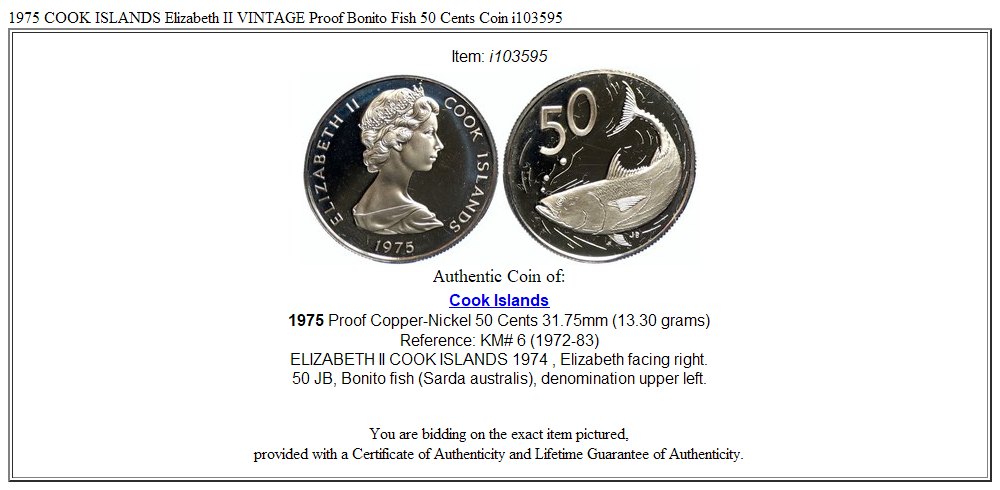 1975 COOK ISLANDS Elizabeth II VINTAGE Proof Bonito Fish 50 Cents Coin i103595