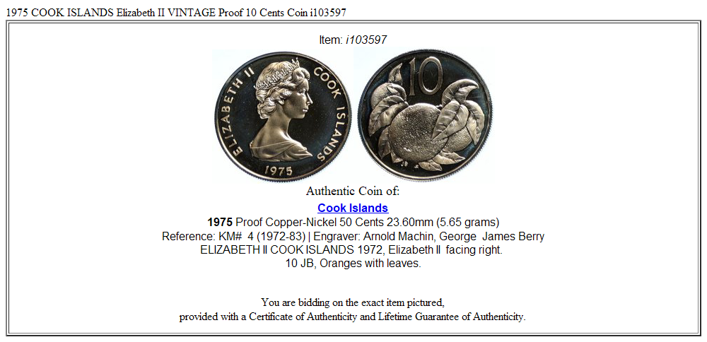 1975 COOK ISLANDS Elizabeth II VINTAGE Proof 10 Cents Coin i103597