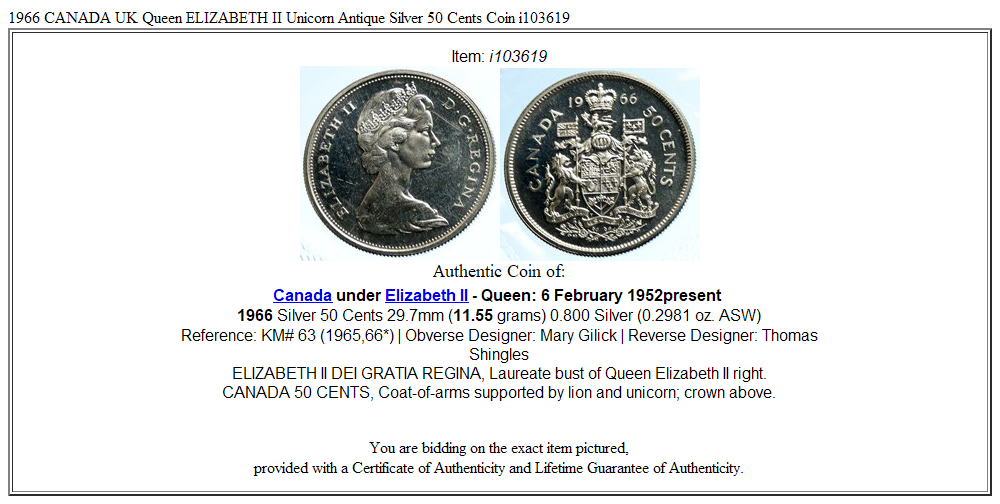 1966 CANADA UK Queen ELIZABETH II Unicorn Antique Silver 50 Cents Coin i103619