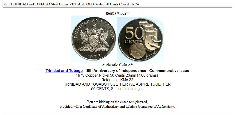 1973 TRINIDAD and TOBAGO Steel Drums VINTAGE OLD Sealed 50 Cents Coin i103624