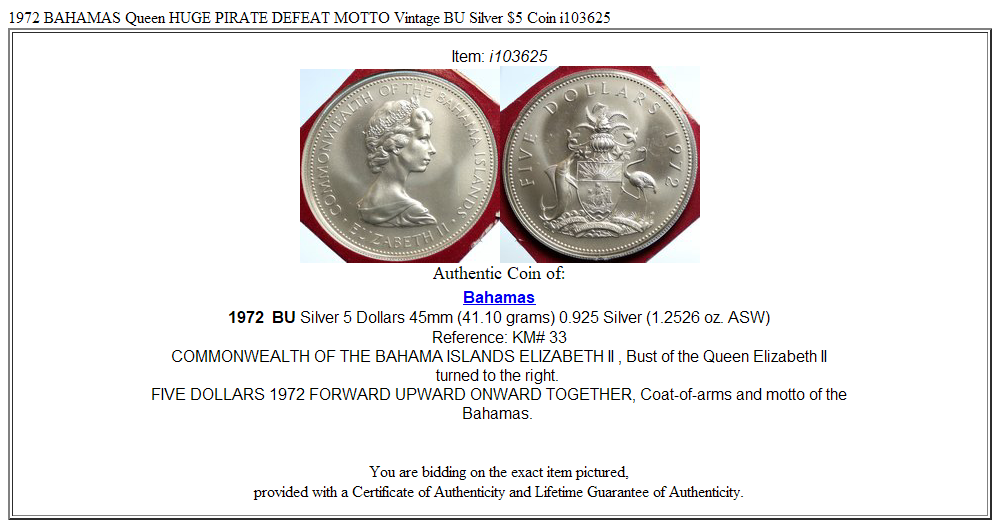 1972 BAHAMAS Queen HUGE PIRATE DEFEAT MOTTO Vintage BU Silver $5 Coin i103625