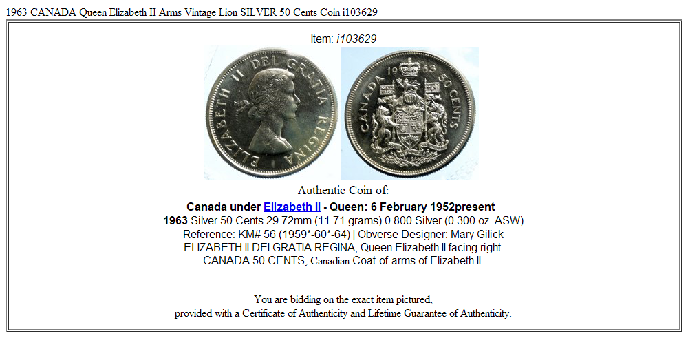 1963 CANADA Queen Elizabeth II Arms Vintage Lion SILVER 50 Cents Coin i103629