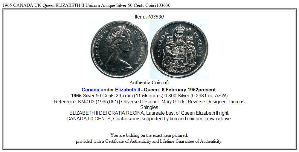 1965 CANADA UK Queen ELIZABETH II Unicorn Antique Silver 50 Cents Coin i103630