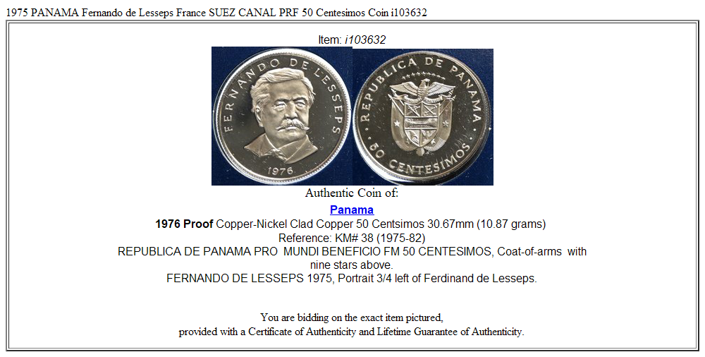 1975 PANAMA Fernando de Lesseps France SUEZ CANAL PRF 50 Centesimos Coin i103632