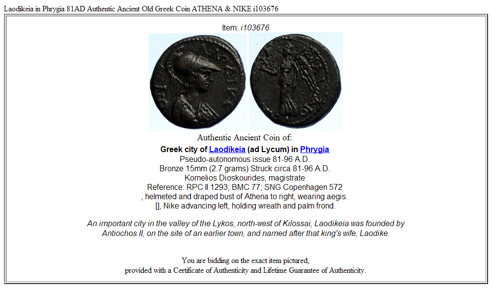 Laodikeia in Phrygia 81AD Authentic Ancient Old Greek Coin ATHENA & NIKE i103676