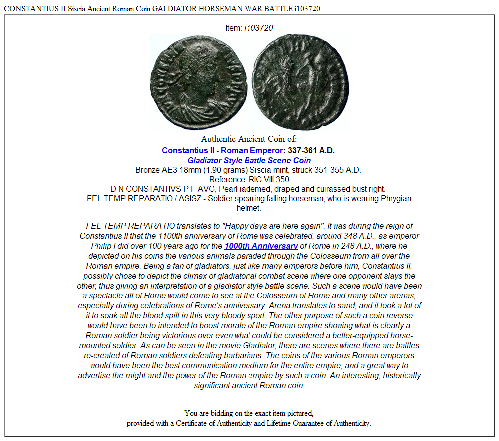 CONSTANTIUS II Siscia Ancient Roman Coin GALDIATOR HORSEMAN WAR BATTLE i103720