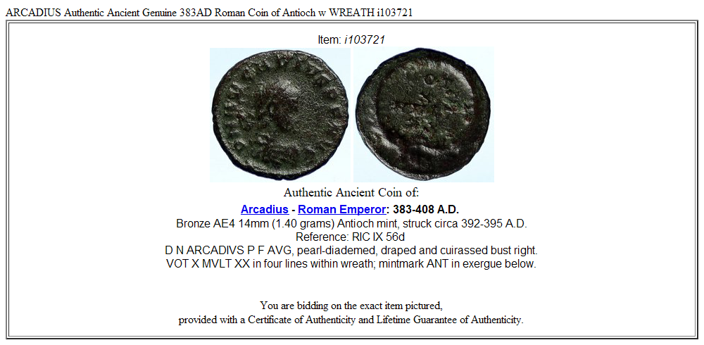 ARCADIUS Authentic Ancient Genuine 383AD Roman Coin of Antioch w WREATH i103721