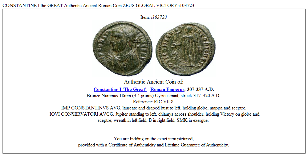 CONSTANTINE I the GREAT Authentic Ancient Roman Coin ZEUS GLOBAL VICTORY i103723