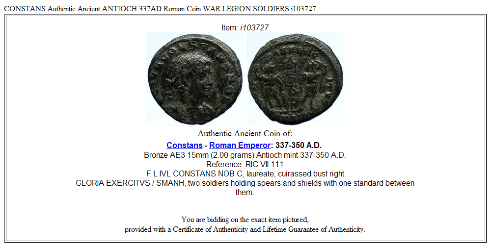 CONSTANS Authentic Ancient ANTIOCH 337AD Roman Coin WAR LEGION SOLDIERS i103727