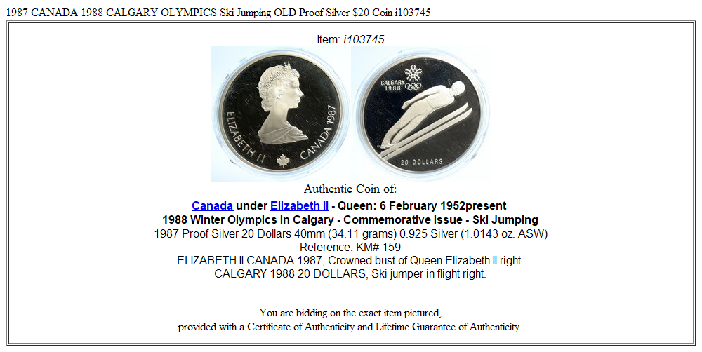 1987 CANADA 1988 CALGARY OLYMPICS Ski Jumping OLD Proof Silver $20 Coin i103745